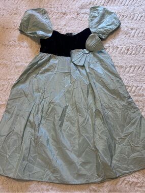 VTG 70s Union Made Girls Blue Taffeta Velvet Party Dress Puff Sleeve Bow Ariel